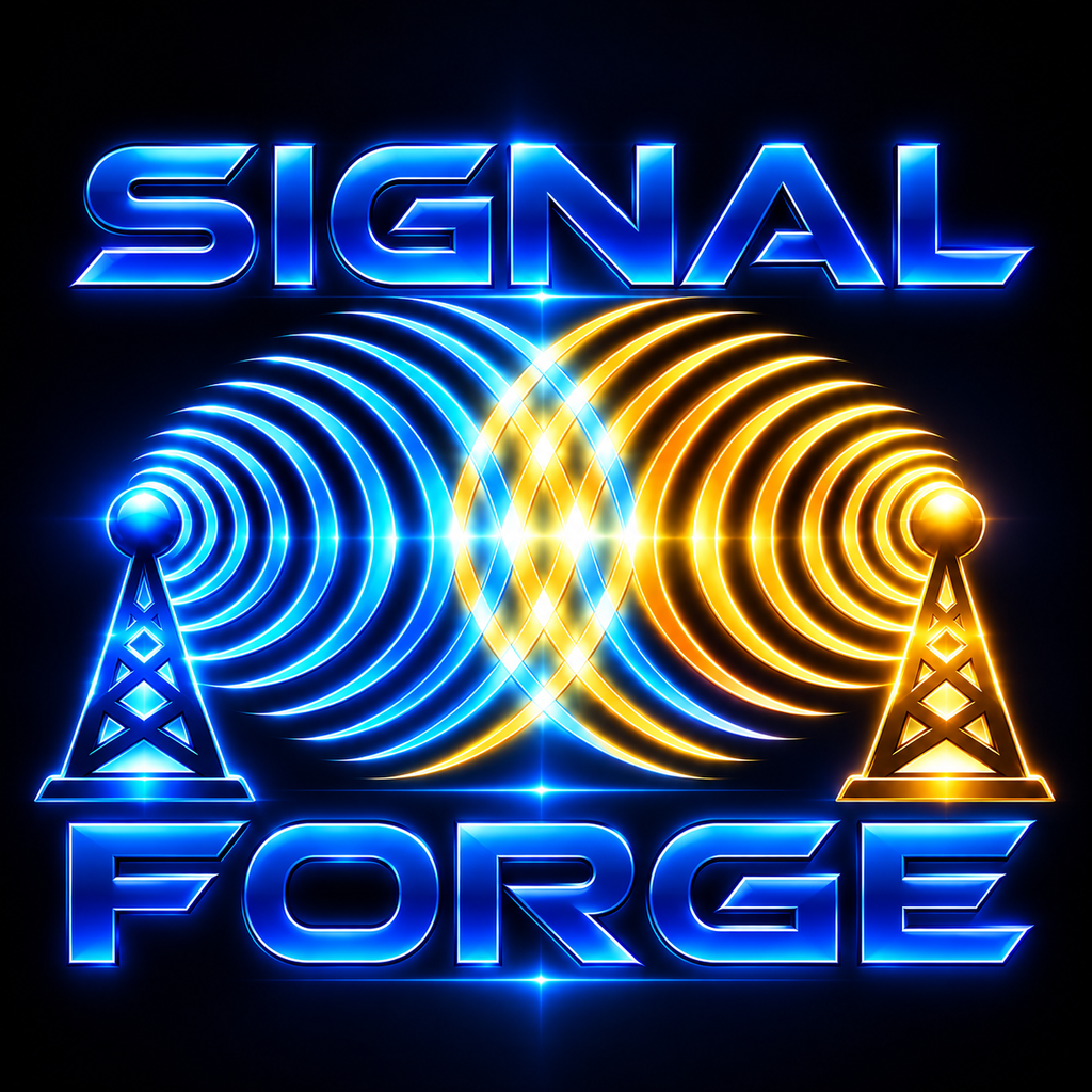 Signal Forge logo with blue and gold radio towers and intersecting signal waves